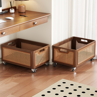 实木书本收纳箱学生教室用装书箱桌下可移动带轮零食书包置物架子