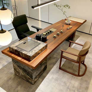 高端茶室岩板岛台实木茶台轻奢大板办公室泡茶桌会客茶桌带洗手台