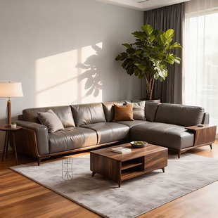 宋氏美学实木真皮沙发组合北美黑胡桃木大小户型客厅转角L型沙发