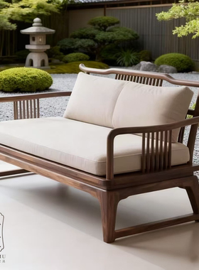 禅意新中式罗汉床沙发中古风客厅别墅躺椅罗汉榻休闲北美黑胡桃木