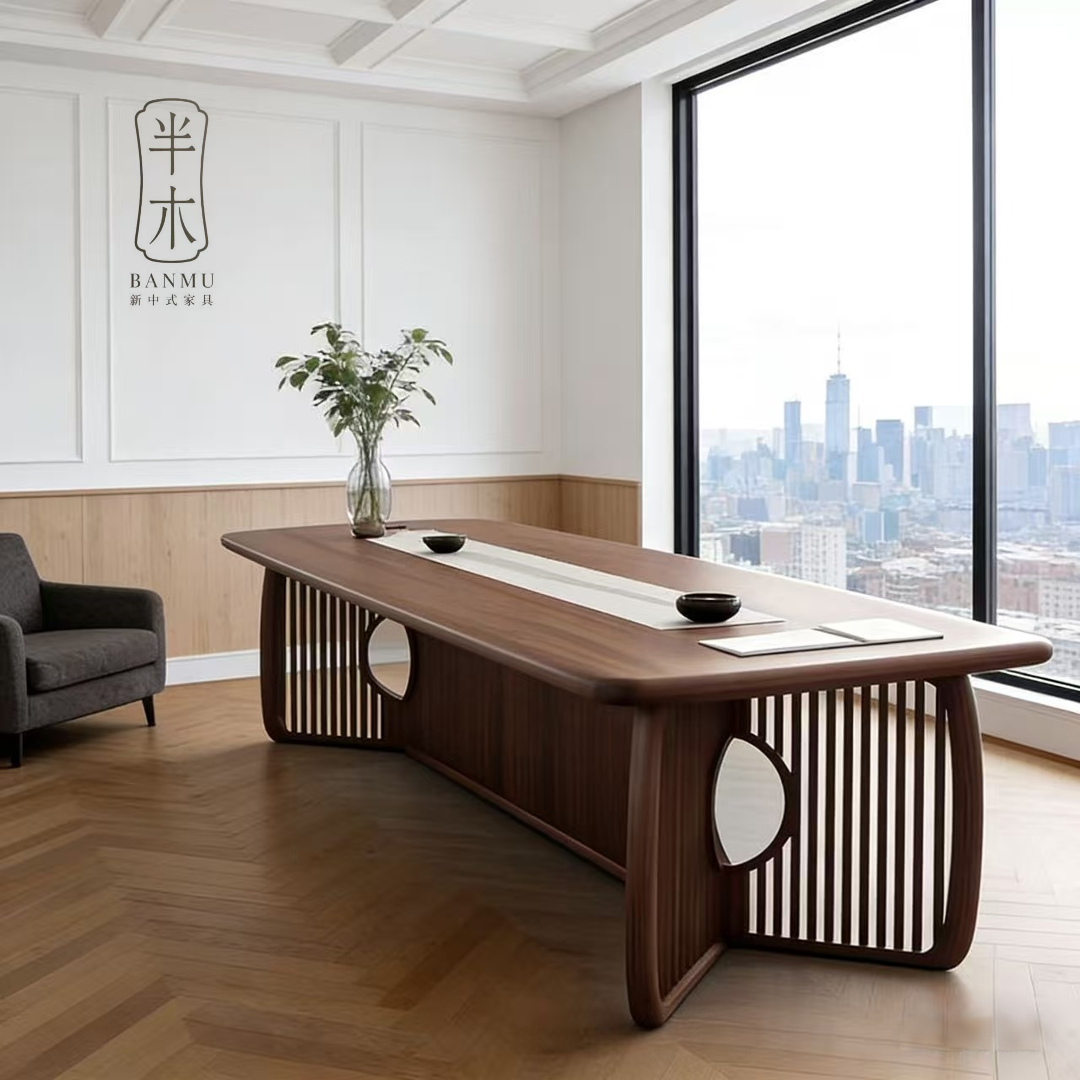 休闲实木书桌新中式办公桌办公室北美黑胡桃木会议桌民宿茶台茶桌