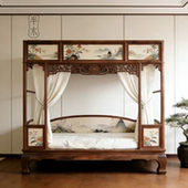 古典彩绘架子床中式 美学酒店卧室双人床民宿实木床 实木四柱床宋式
