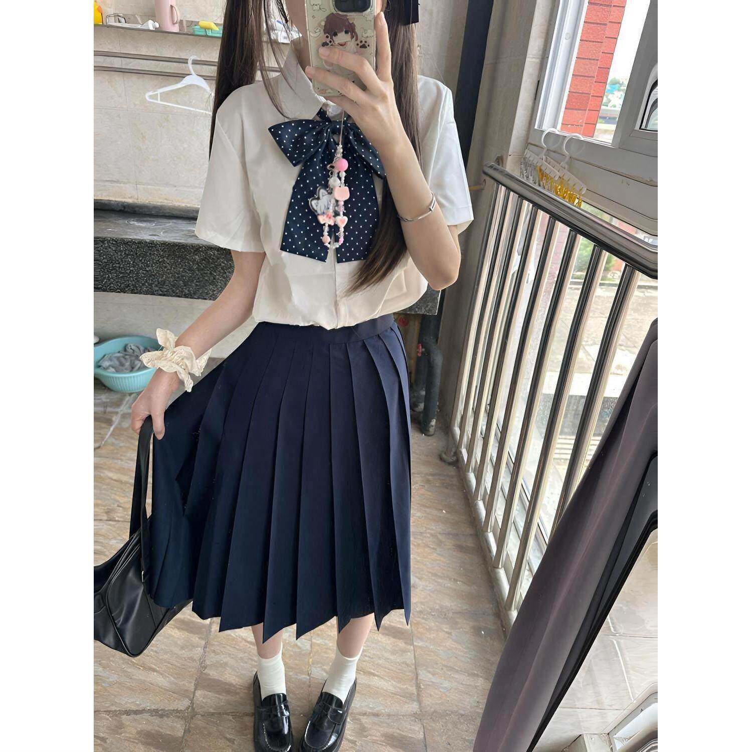 基础款jk制服纯色衬衫套装日制校供绀色百褶裙女夏学院风中裙全套