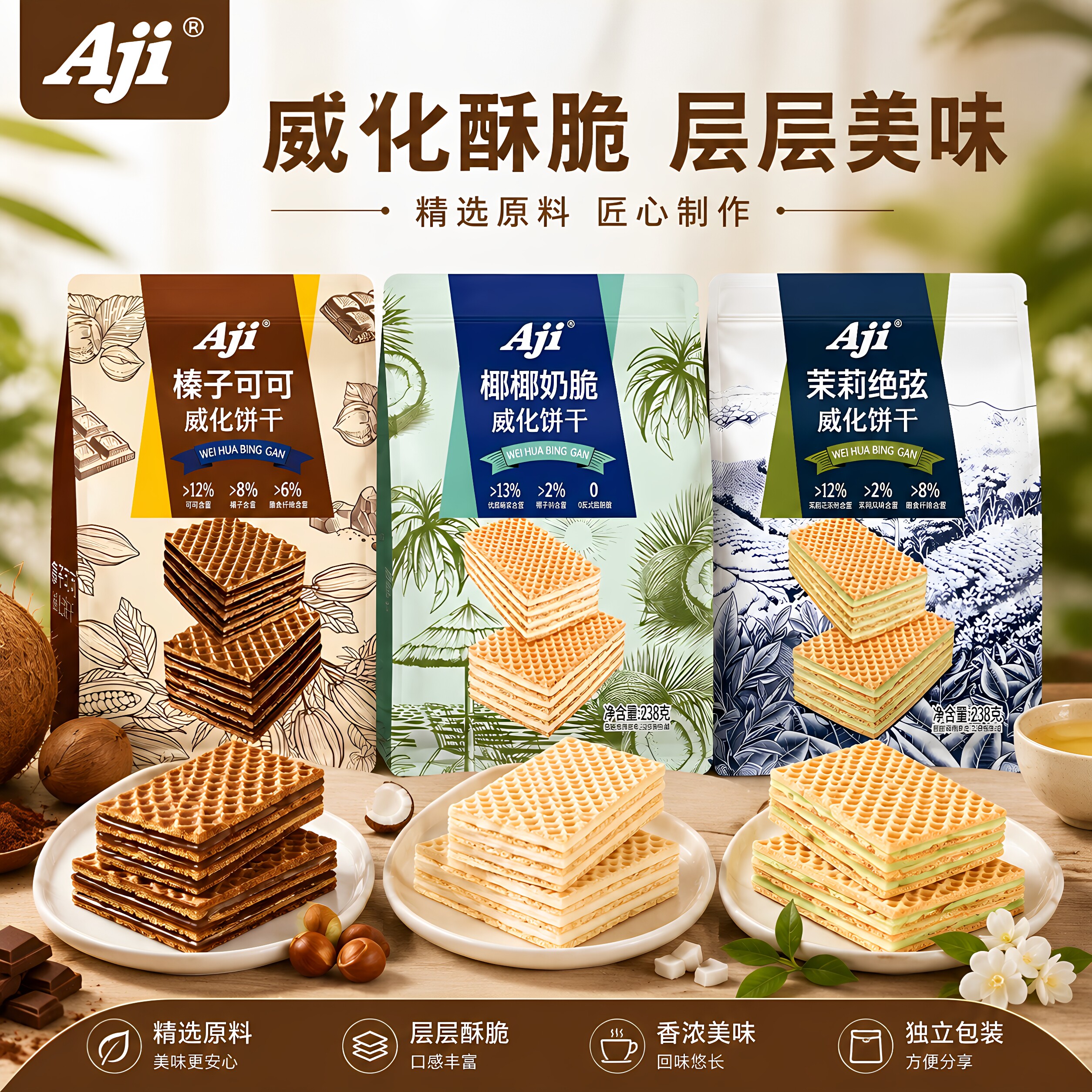 Aji威化饼干238g椰椰奶脆榛子可可茉莉绝弦多种口味夹心饼干零食