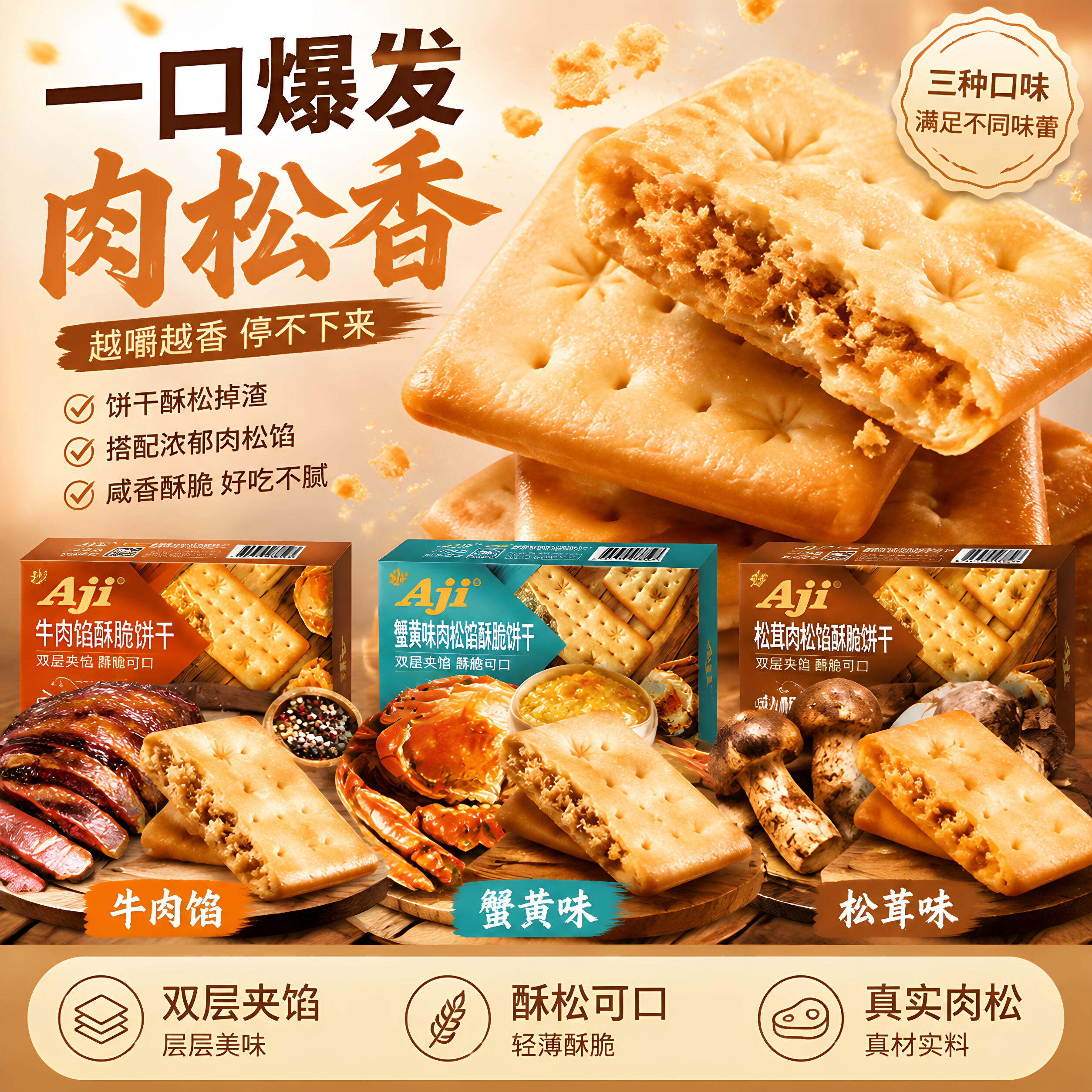 aji蟹黄味肉松馅双层松茸酥薄脆夹心饼牛肉干办公室零食休闲食品