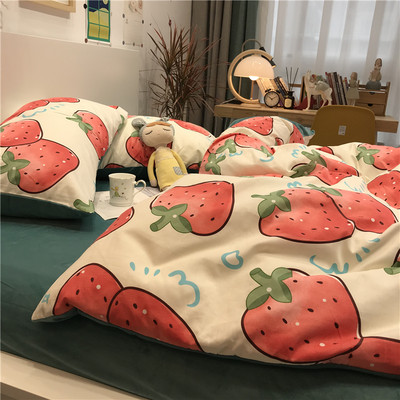 粉色大草莓磨毛四件套春夏床上用品床单少女心学生宿舍1.5三件套