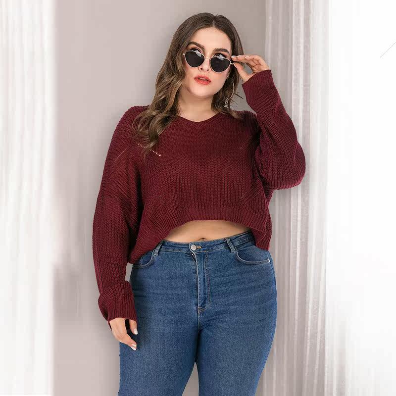 sweater women short knitwear oversized female jumper肥婆毛衣