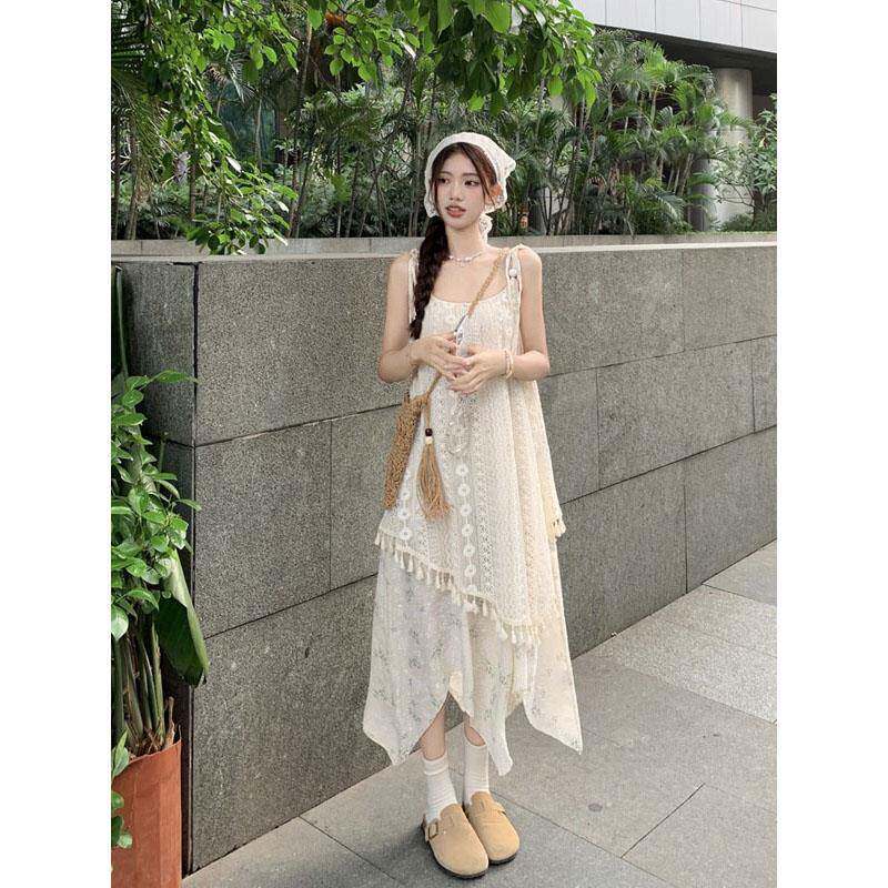 流苏拼接假两件碎花吊带连衣裙女夏季浪漫法式温柔风超仙度假裙子