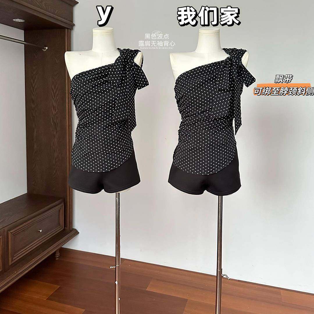 千奈凉子黑色波点无袖背心女夏季设计感露肩短上衣
