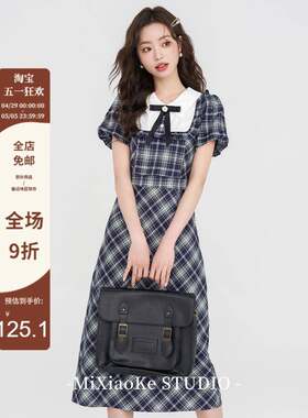 芈小可学院风polo领假两件格子连衣裙女夏季收腰显瘦茶歇法式裙子