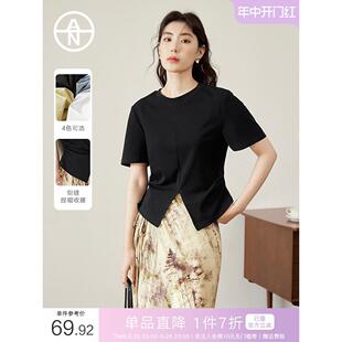 AN大码女装【多色可选】设计感圆领T恤夏季胖mm收腰显瘦短袖上衣