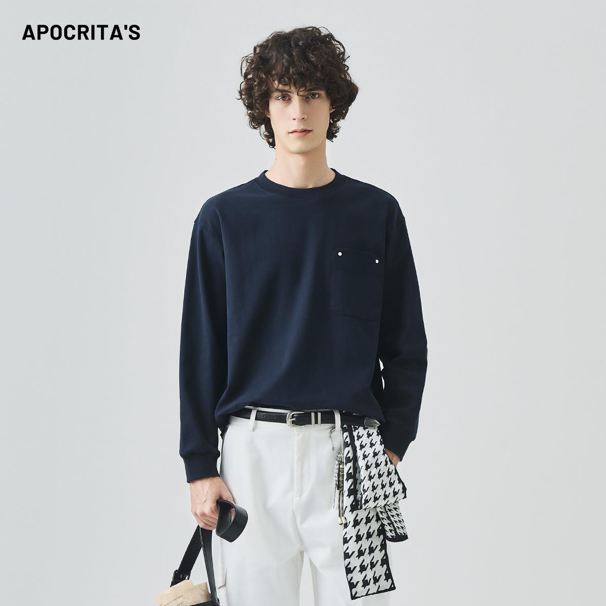 APO男装 |跨境男士长袖T恤春秋季宽松休闲磨毛白色内搭上衣打底衫