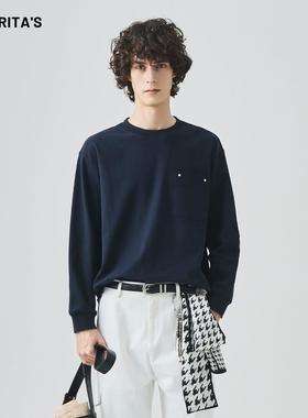 APO男装 |跨境男士长袖T恤春秋季宽松休闲磨毛白色内搭上衣打底衫