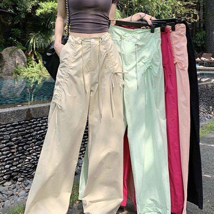 夏春季美式辣妹工装裤女夏季蝴蝶结薄荷绿抽绳休闲阔腿裤2024新款