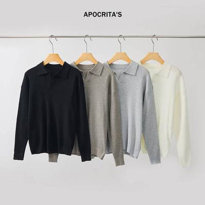 APO男装 |跨境男士毛衣秋季宽松百搭休闲老钱风长袖V领POLO针织衫