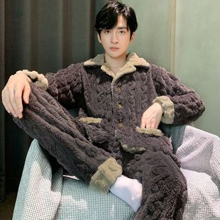 睡衣男士秋冬季加绒加厚珊瑚绒青少年冬款法兰绒可外穿家居服套装