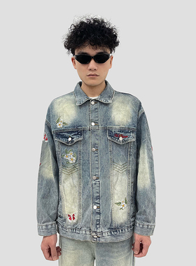 DiSi 重工美式花卉蝴蝶刺绣牛仔外套春复古水洗做旧潮牌翻领夹克