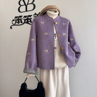 紫色立领国风双面山羊绒刺绣外套成熟气质羊毛大衣女款小个子百搭