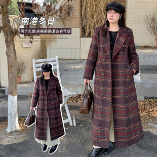 冬季新品大码格子呢大衣设计感微胖女装长款过膝加厚外套