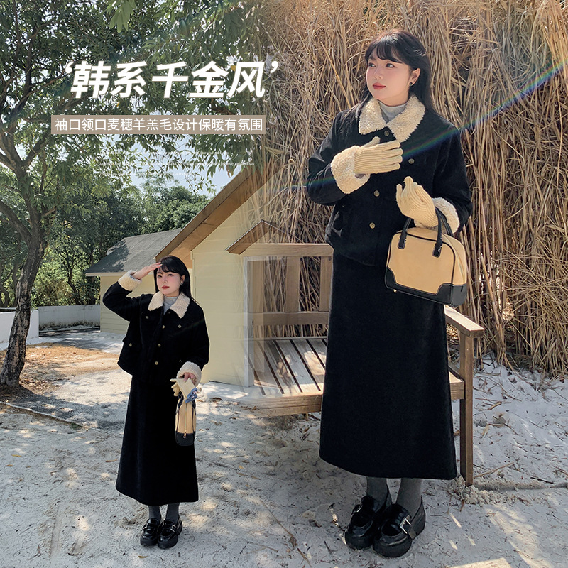 大码女装羊羔毛翻领套装女冬季新款夹棉保暖两件套