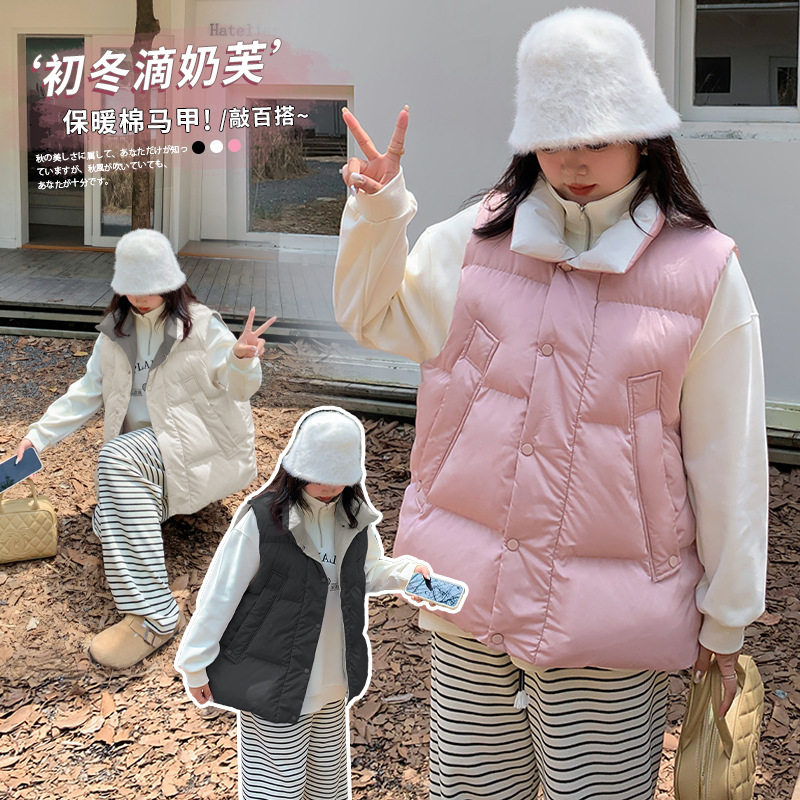 伊诺大码女装学院风立领棉马甲秋马夹