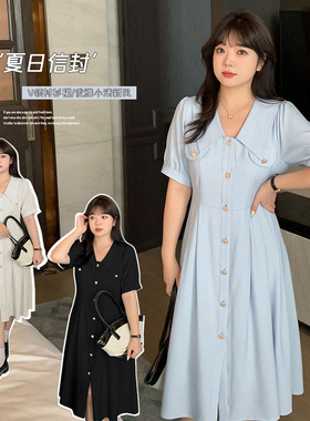 2411轩辰夏季新品女大码小清新通勤风OL衬衫裙纯色温柔翻领连衣裙