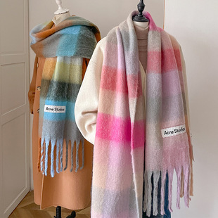 瑞典潮牌AC彩虹晕染格纹围巾冬季保暖男女同款马海毛长款网红围脖