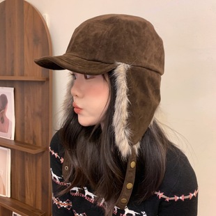 麂皮毛绒飞行帽子女秋冬韩系保暖护耳下雪骑行机车复古潮人雷锋帽