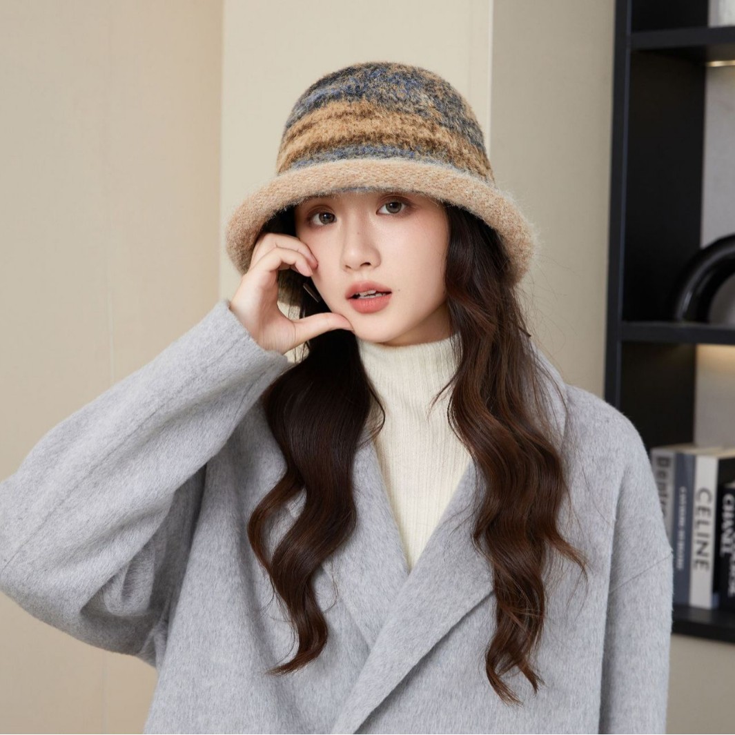 秋冬新款针织帽子女韩版休闲毛绒水桶帽户外保暖毛线盆帽百搭毛绒