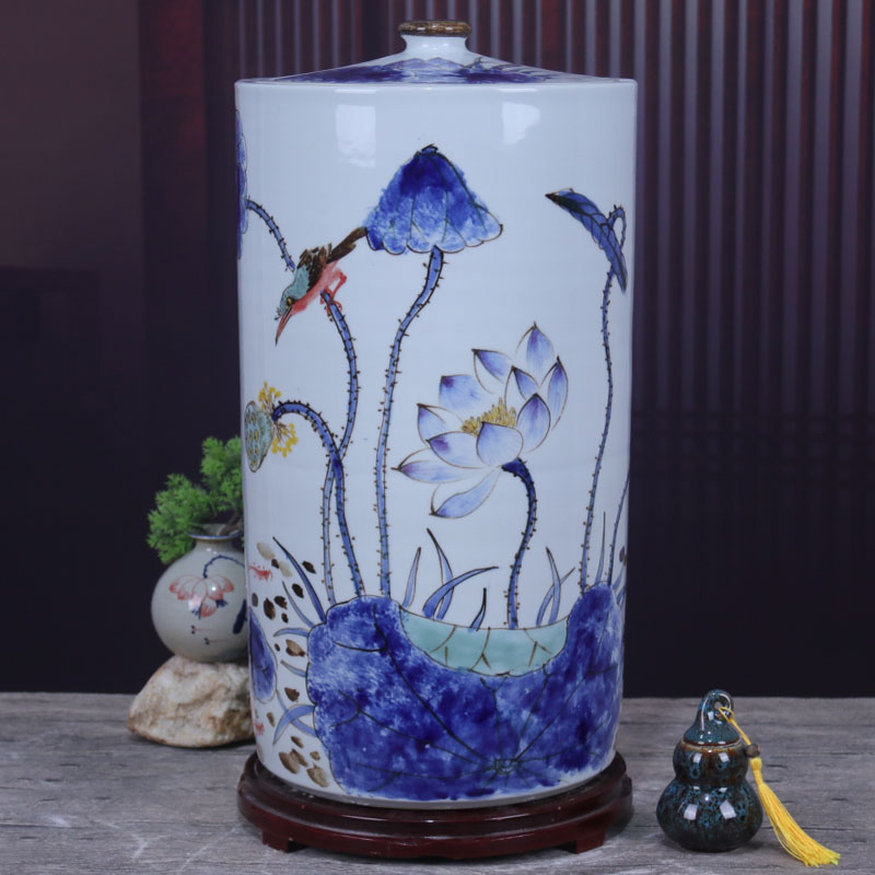 景德镇陶瓷带盖手绘米缸