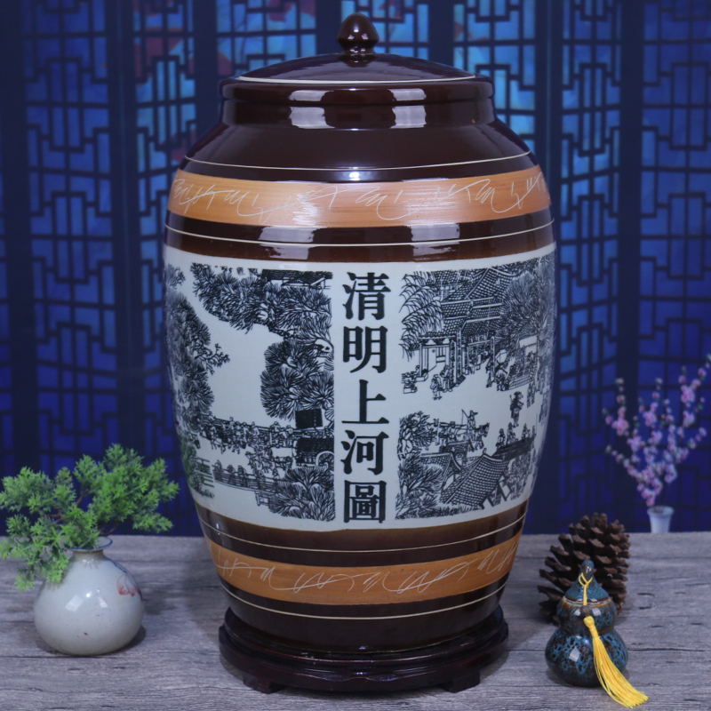景德镇陶瓷米缸清明上河图100斤储米桶大号带盖面粉缸茶水缸油缸