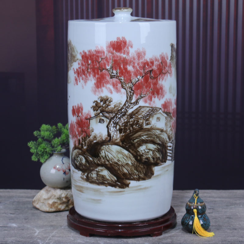 陶瓷手绘直筒米缸带盖密封面粉缸