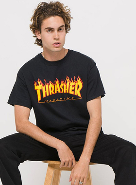 现货 THRASHER 美版经典联名情侣紫色火焰基础短袖T恤 王一博同款