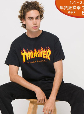 现货 THRASHER 美版经典联名情侣紫色火焰基础短袖T恤 王一博同款