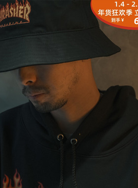现货 潮玩艺 THRASHER FLAME BUCKET HAT 火焰logo印花遮阳渔夫帽
