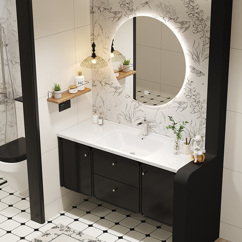 法式复古黑色浴室柜陶瓷一体盆洗漱台卫生间洗脸洗手盆组合卫浴柜