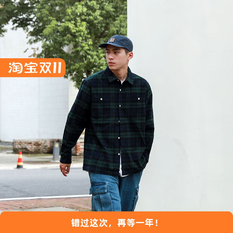 RADIUM 日系潮牌 磨毛法兰绒格子宽松呢料长袖休闲衬衫男春秋衬衣