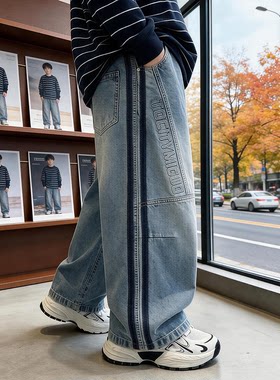 男童早秋新款竖条纹牛仔老爹裤