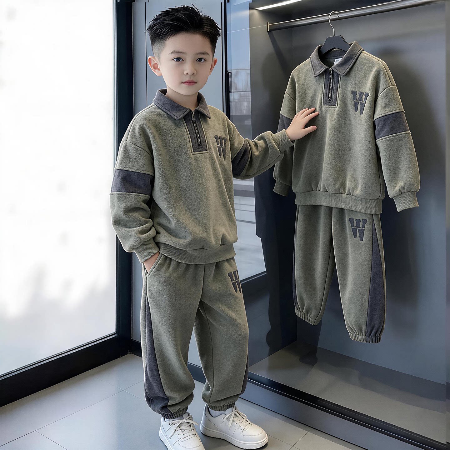 男童秋装卫衣套装潮牌2026新款儿童拼接加绒运动服春秋冬季男孩潮
