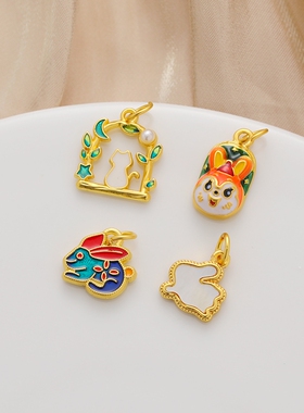 古法包金镀金保色橙色滴油生肖兔子吊坠diy饰品配件红绳手链吊饰