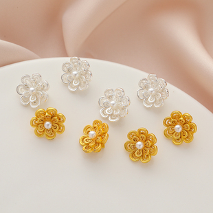 古法包金镀银保色蕾丝贝珠花朵钩扣diy手工饰品编绳红绳手链扣头