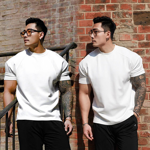 夏季收袖口运动短袖男太空棉垫肩T恤拼接抗皱健身服弹力训练上衣