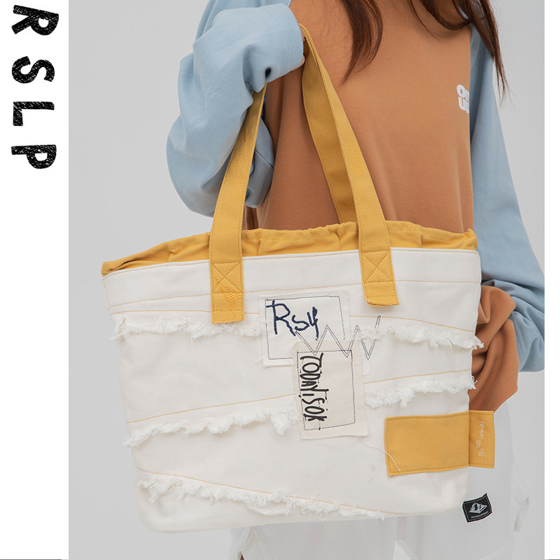 若素良品新款解构拼接单肩手提牛仔帆布托特包袋加厚重大容量通勤