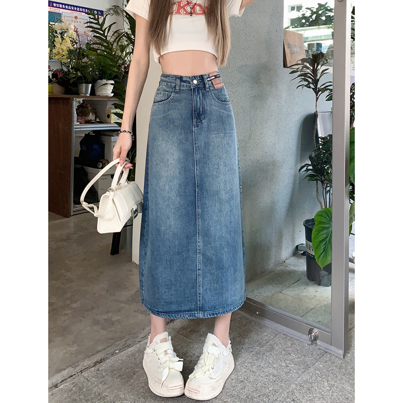 高腰后开叉牛仔半身裙女2025新款春夏季a字裙包臀半裙修身中长裙