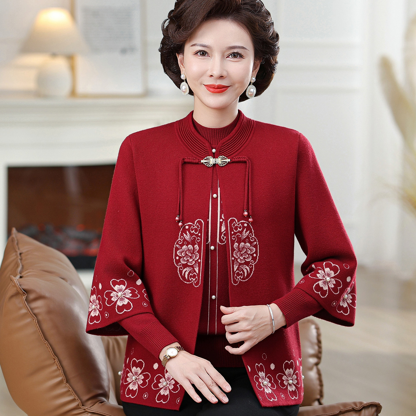 中老年女装秋冬新款加绒加厚针织外套奶奶装洋气两件套妈妈装上衣