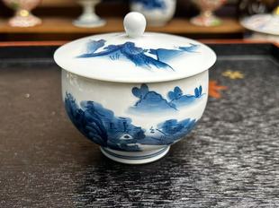 日瓷名家初代畑萬青花手绘内外绘山水主人盖杯。