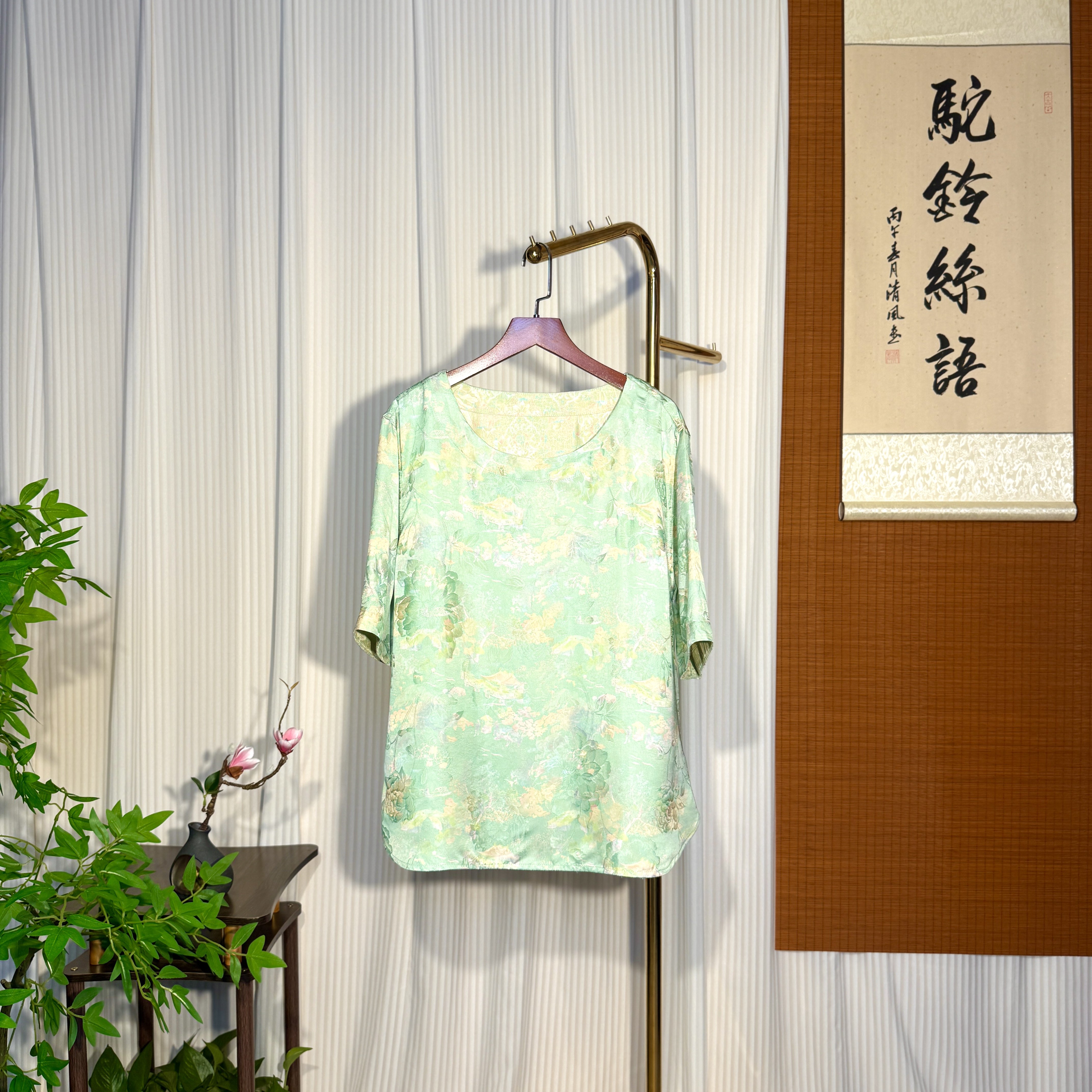 【采桑子-香云纱小衫】新中式国风 香云纱 缎面刻花花萝 短袖小衫