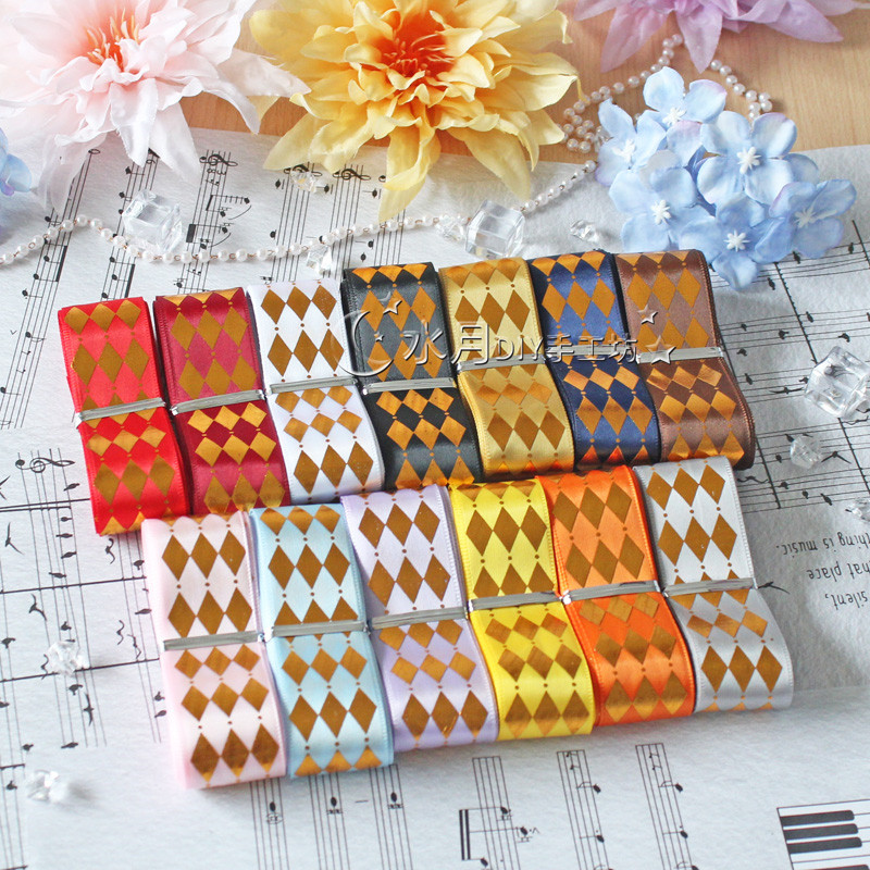 2.5cm烫金菱格丝带缎带吧唧托材料徽章手工diy发饰鲜花礼品包装