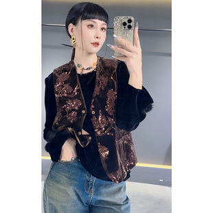 外搭坎肩马甲 2024秋季 新款 国潮轻奢高级感亮片刺绣背心时尚 新中式