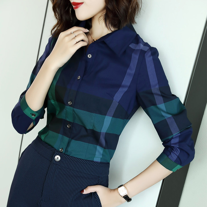 鹿歌2020秋装新款OL气质修身显瘦棉衬衣时尚上衣蓝绿色格子衬衫女